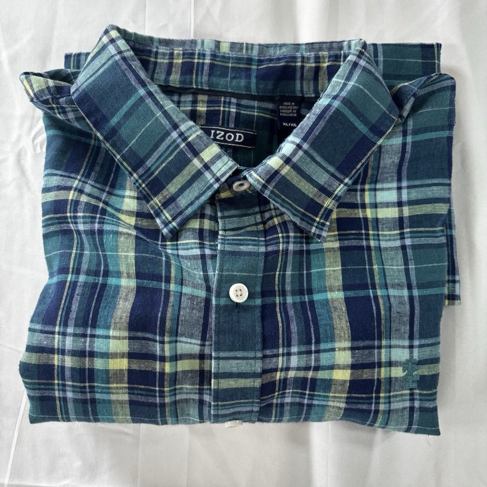 Izod Shirt Men's Size XL Linen‎ Blend Short Sleeve Collar Blue Plaid